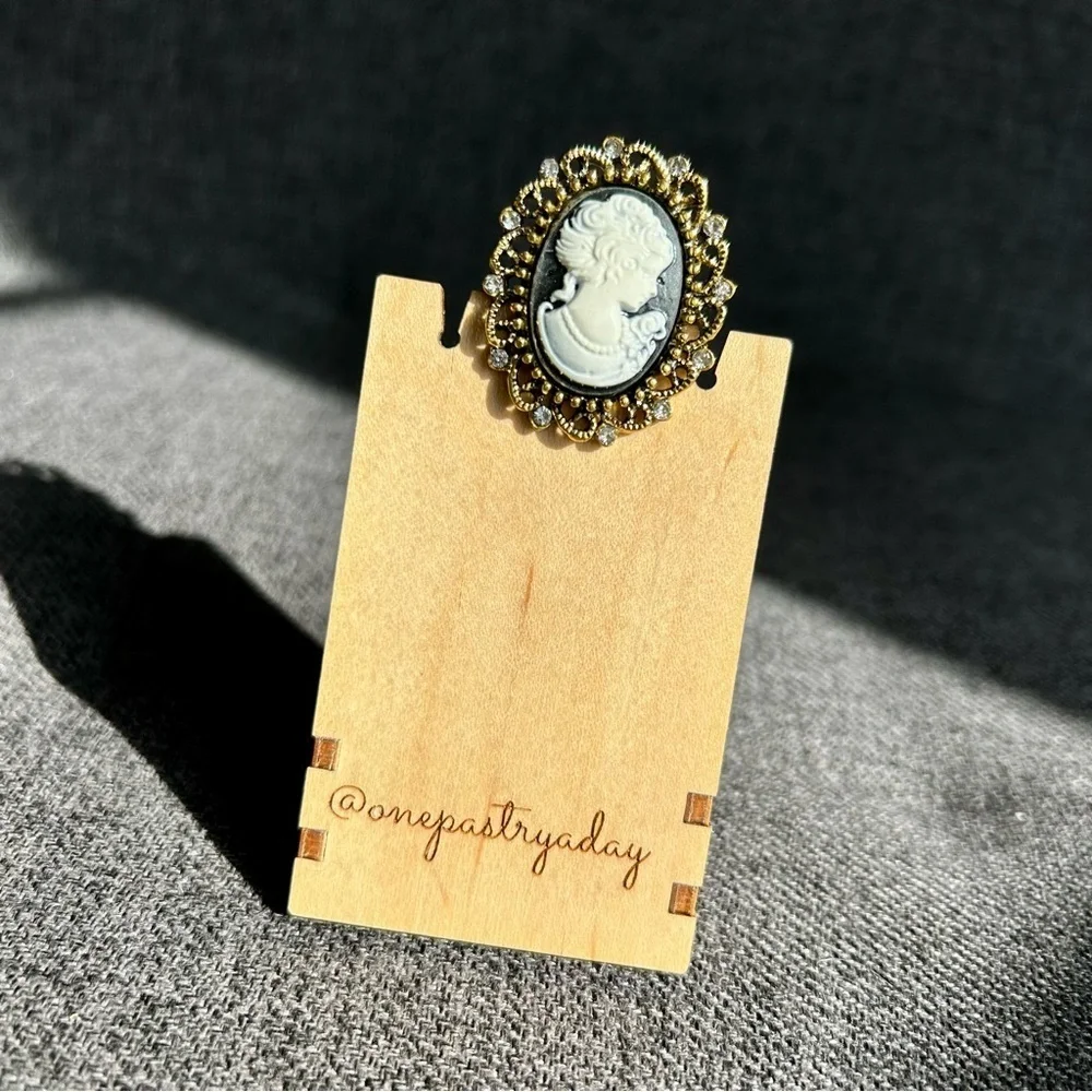 Sparkly Cameo Brooch Pin, Rhinestone Filigree Edging Detail, Black, White, Gold